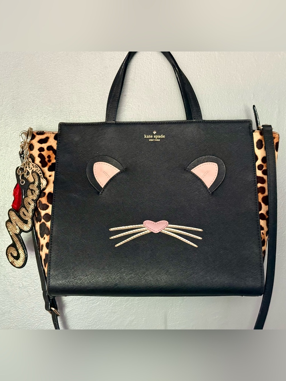 Kate Spade Run Wild Leopard Haydan Satchel & Leather Meow Key Fob